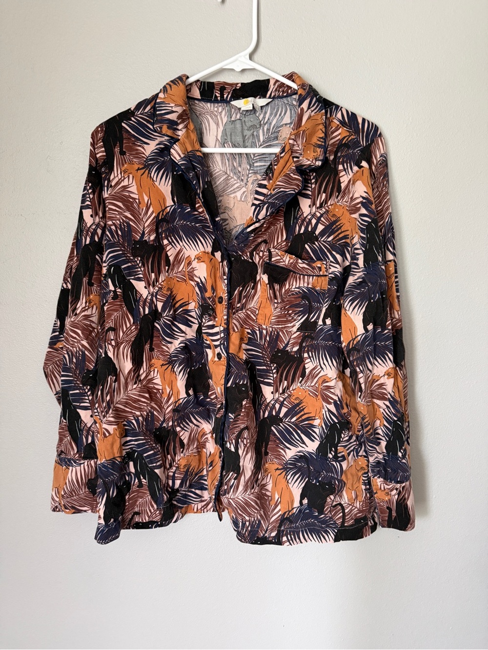Boden Tropical Leaf Button-Down Shirt and Pant pajama set in Black, Tan & Pink